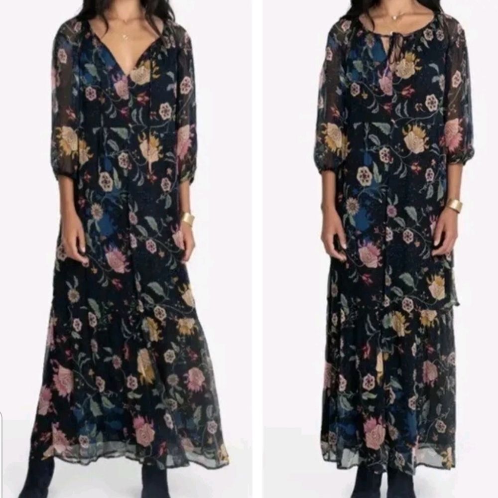 JOHNNY WAS Navy Tauri Floral Print Chic Edgy Feminine Silk Maxi Dress Size Small